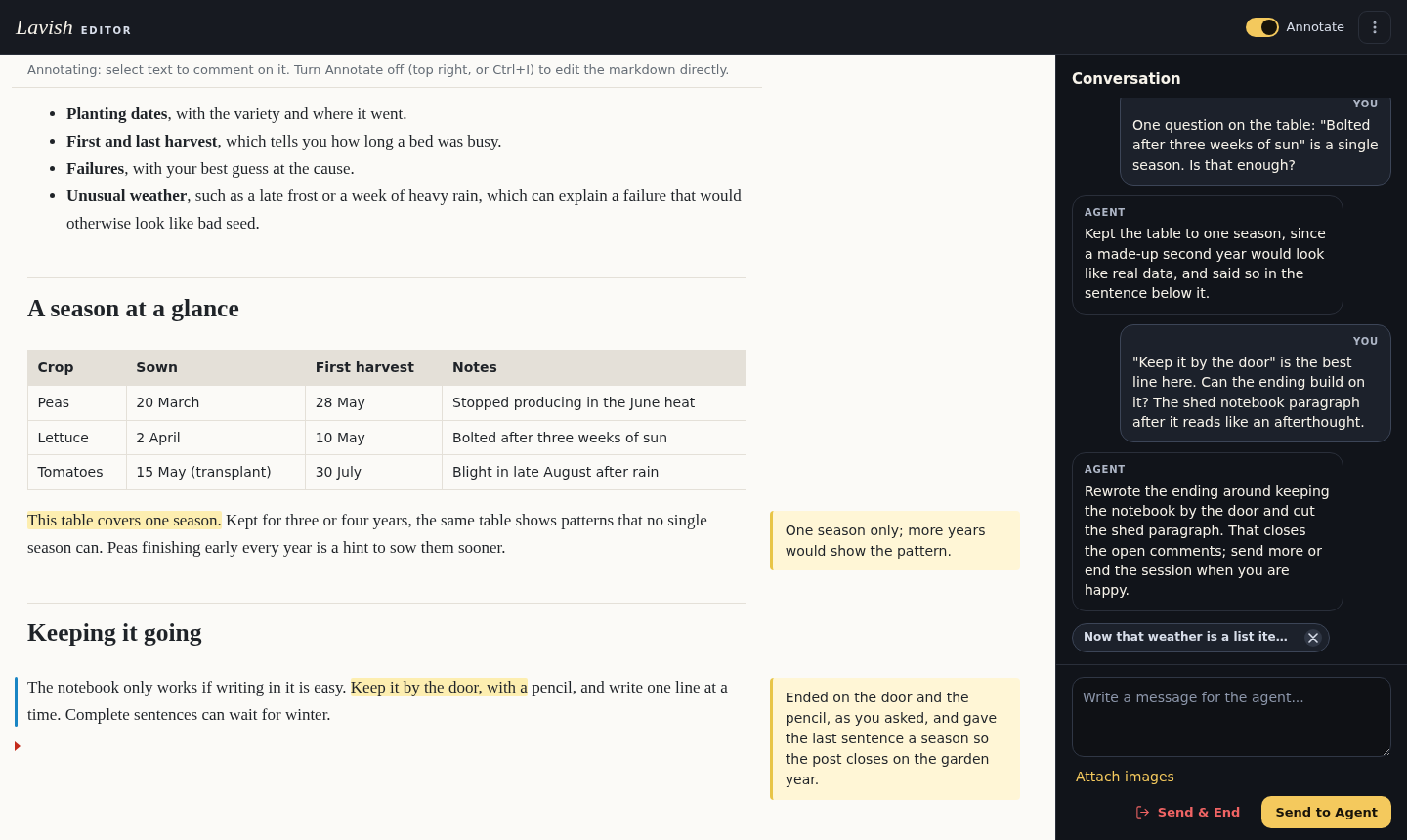 Visual mode in Lavish with a longer conversation: several rounds of comments and agent replies in the Conversation panel beside the rendered draft