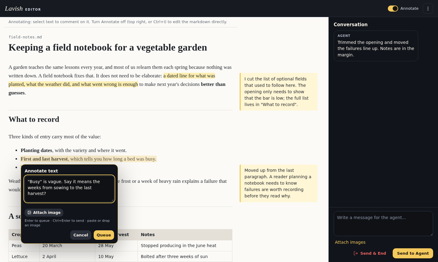 Visual mode in Lavish: a comment being written on a highlighted list item, with the agent's notes in the margin and its last reply in the Conversation panel
